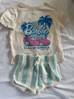 Barbie California Graphic Tee & Striped Shorts - Cream & Aqua baby girl 18m